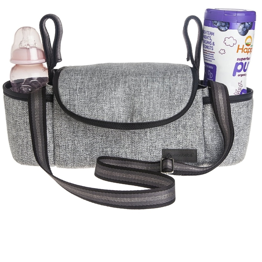 Gray Fabric Stroller Organizer with Adjustable Strap
